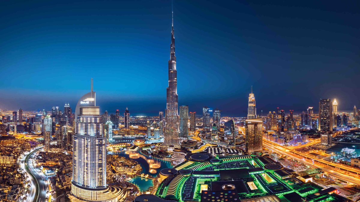 Downtown Dubai at night with the Burj Khalifa